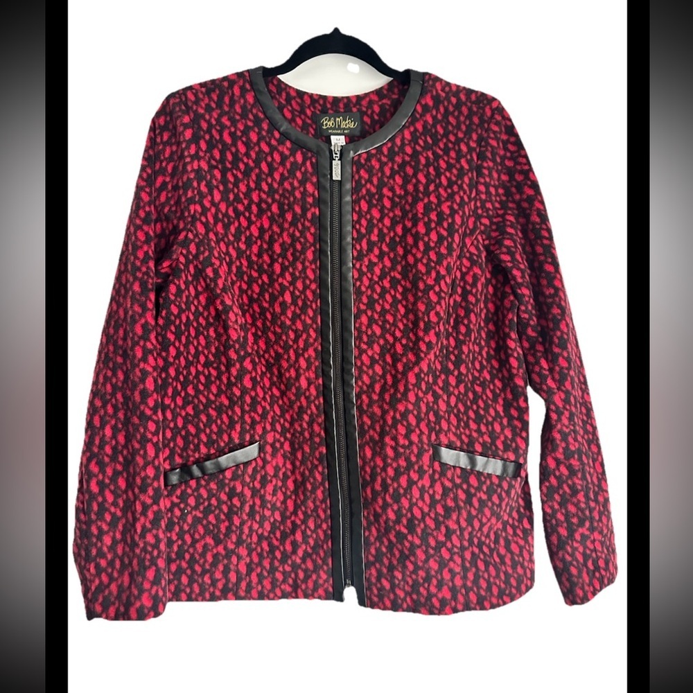 BOB MACKIE Wearable Art Red Black Faux Leather Trim Full Zip Jacket Sz M